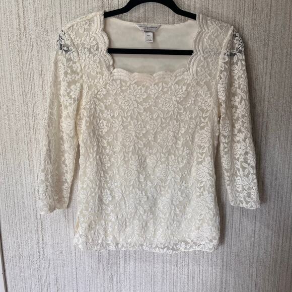 Christopher & Banks Tops - Christopher & Banks Cream Lace 3/4 Top Size Medium Petite